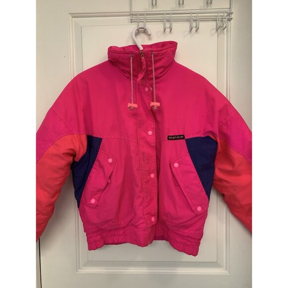 Vintage SunIce Ski Jacket 90s Colour Block Women’s Large Neon Pink Bomber Coat - Picture 1 of 4